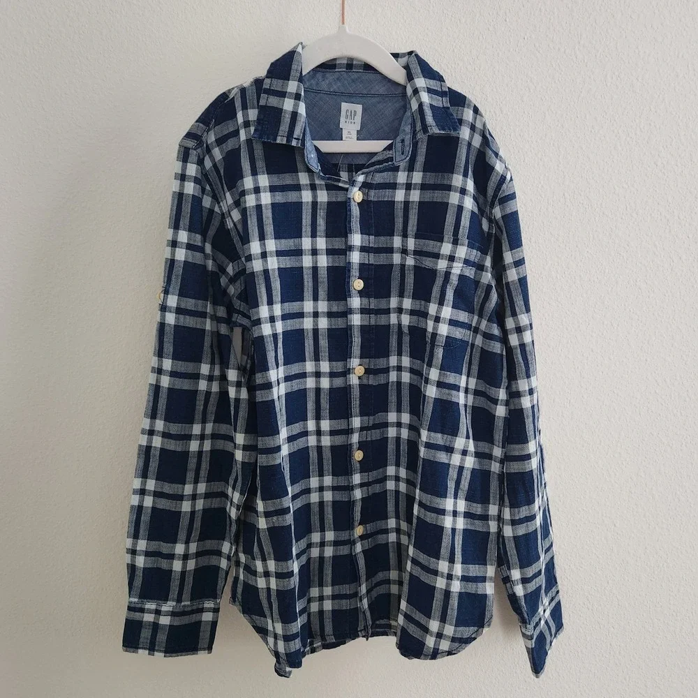 Gap Kids Long Sleeve Plaid Button‎ Up Shirt Blue White Size XL 12 NWT